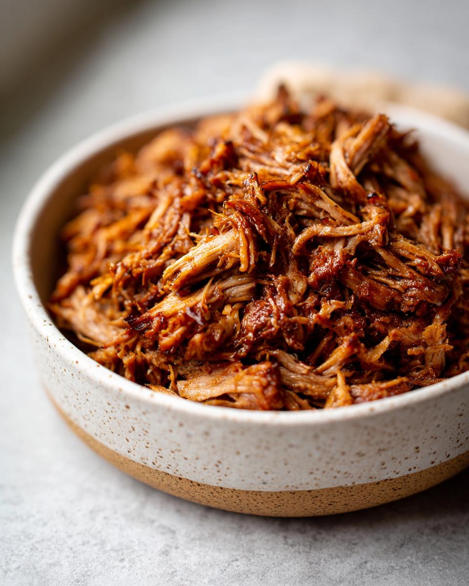 Close-up of a bowl filled with tender and crispy pork carnitas, showcasing the shredded texture and rich color.
