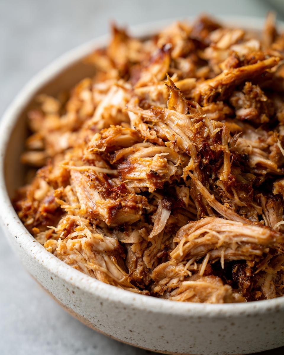 Close-up of tender and crispy pork carnitas piled high in a rustic ceramic bowl.