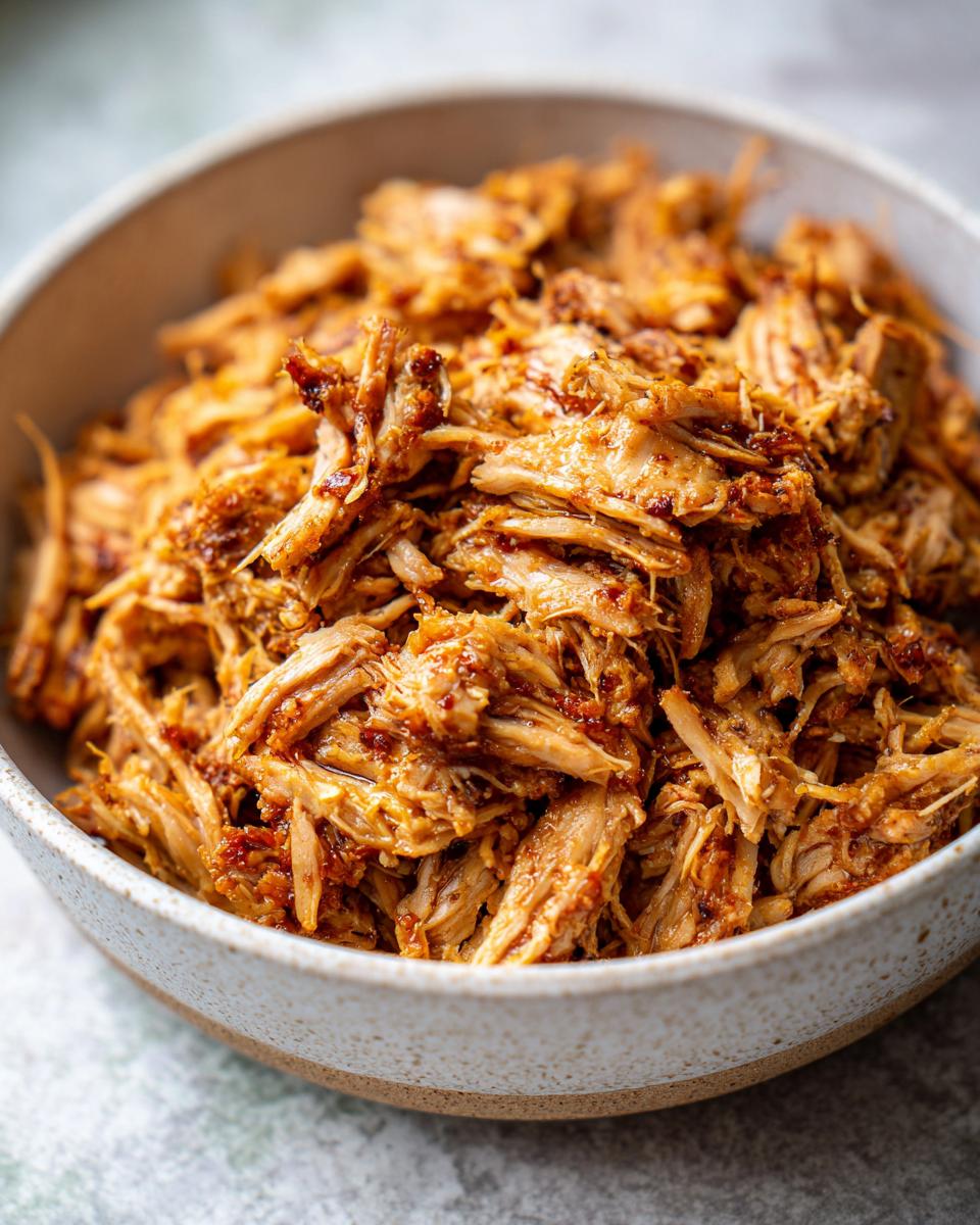 Close-up of a bowl filled with shredded, tender, and crispy pork carnitas, glistening with juices.