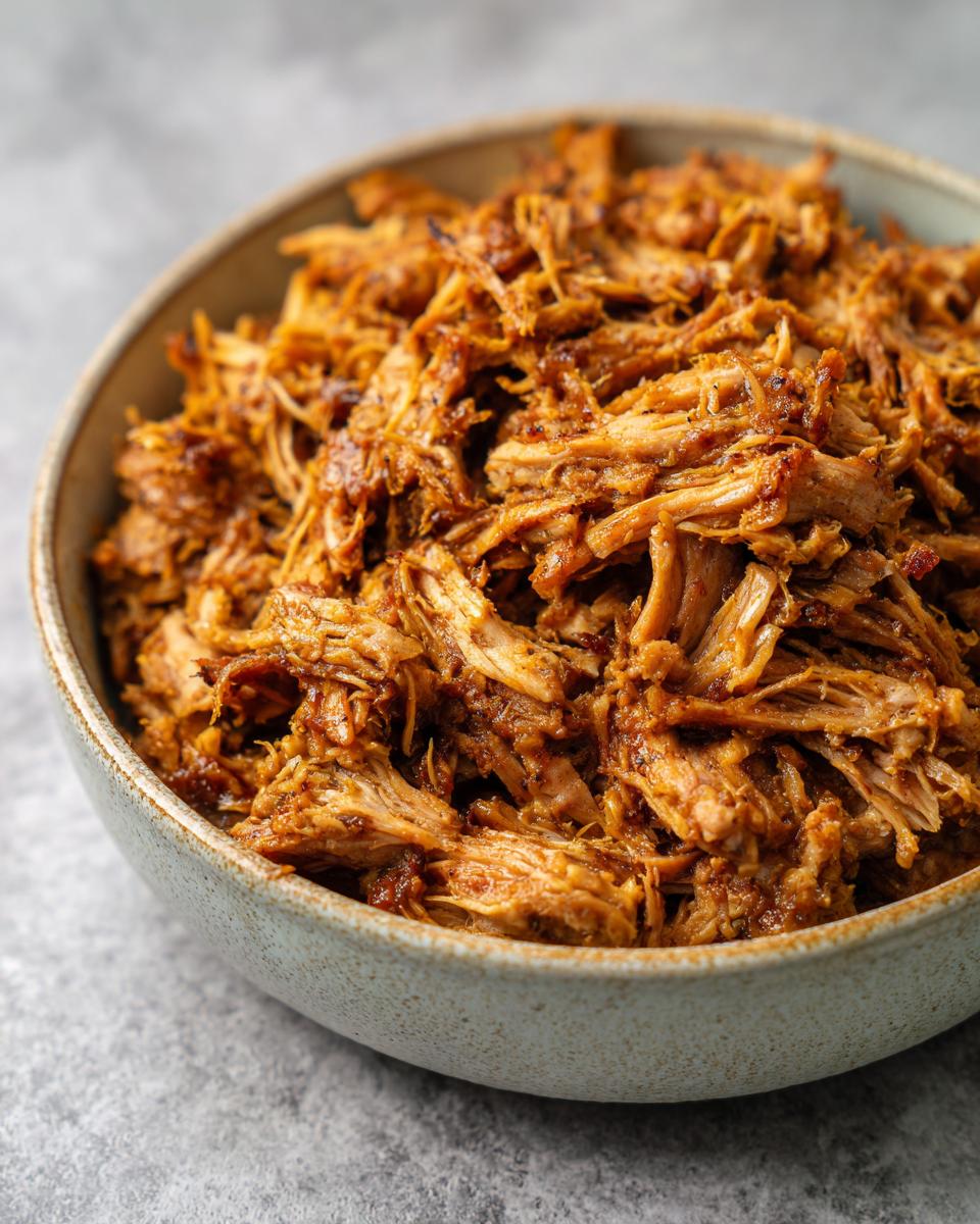 Close-up of a bowl filled with shredded, tender, and crispy pork carnitas, seasoned with spices.