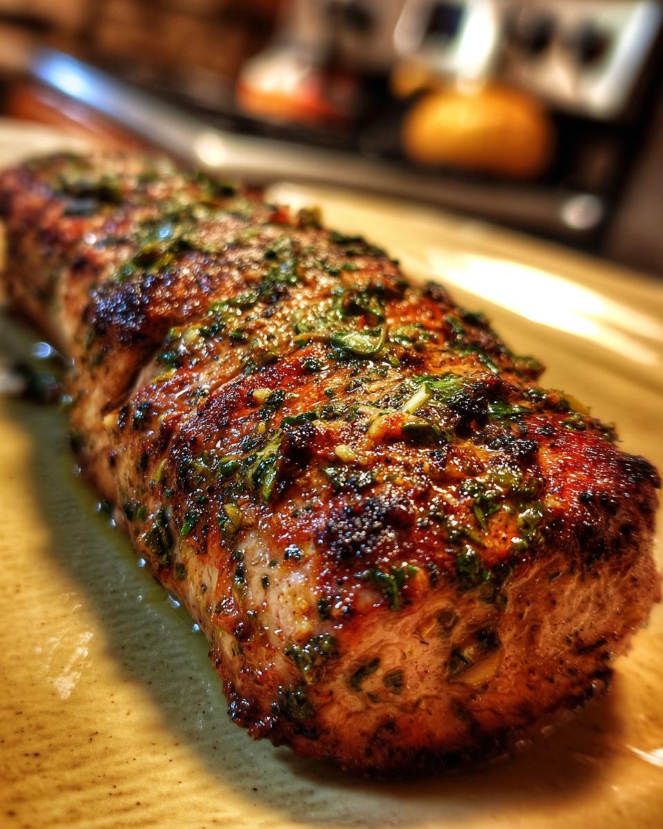 Close-up of a beautifully roasted pork tenderloin seasoned with herbs and spices, ready to be served.