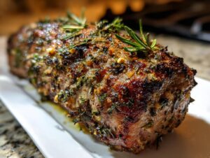 A close-up of a juicy, herb-crusted pork tenderloin roast, seasoned with rosemary and spices.