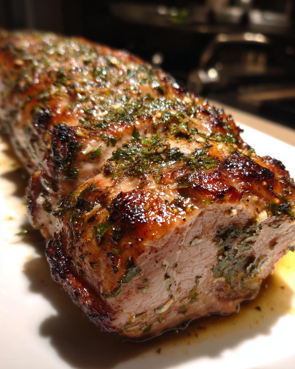 Close-up of a juicy, herb-crusted pork tenderloin roast, freshly cooked and glistening.