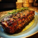 A beautifully roasted pork tenderloin seasoned with herbs and rosemary, resting on a plate.
