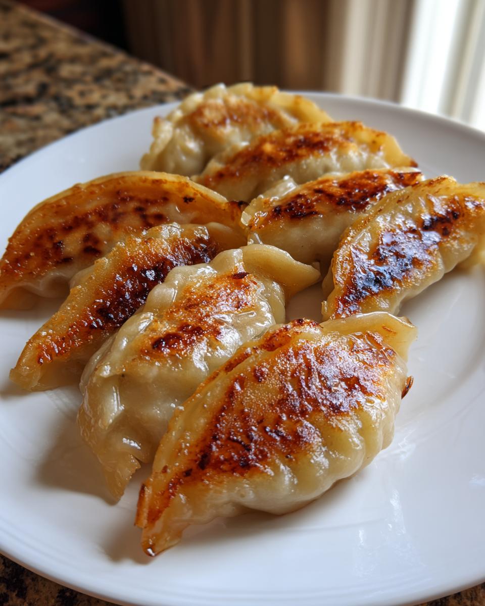 A close-up shot of several golden brown potstickers arranged on a white plate, showcasing their crispy bottoms.