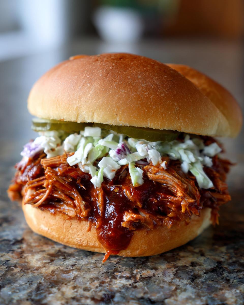A close-up of a mouthwatering pulled pork sandwich piled high with tender pork, barbecue sauce, coleslaw, and pickles.