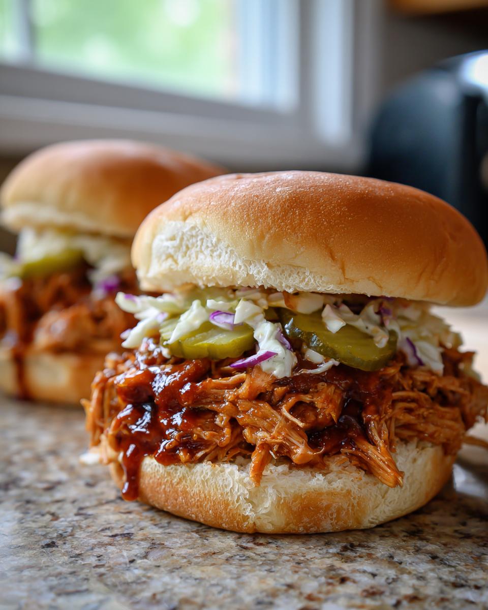 Close-up of a delicious pulled pork sandwich piled high with coleslaw and pickles on a bun.