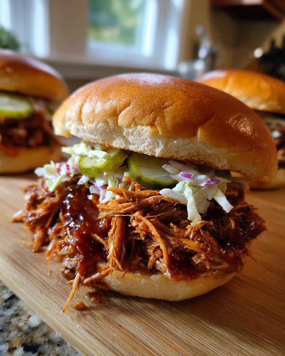 Close-up of a mouthwatering pulled pork sandwich piled high with shredded pork, BBQ sauce, coleslaw, and pickles.