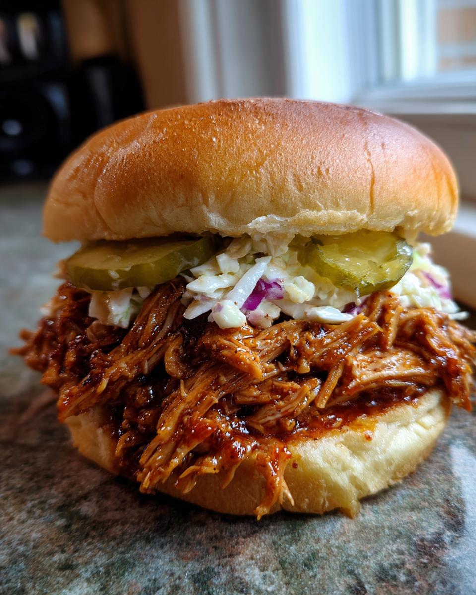 A close-up of a mouthwatering pulled pork sandwich, generously filled with shredded pork, creamy coleslaw, and pickles, on a toasted bun.