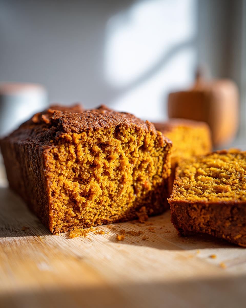 Close-up of a moist and fluffy pumpkin bread loaf, with a slice cut and placed next to it on a wooden board.