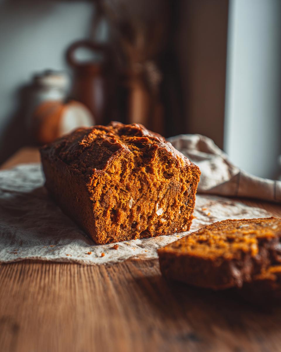 A close-up of a freshly baked pumpkin bread loaf with a slice cut out, showcasing its moist texture and warm color.