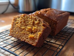 A slice of moist and delicious pumpkin bread on a cooling rack, showcasing its rich orange hue and tender crumb.
