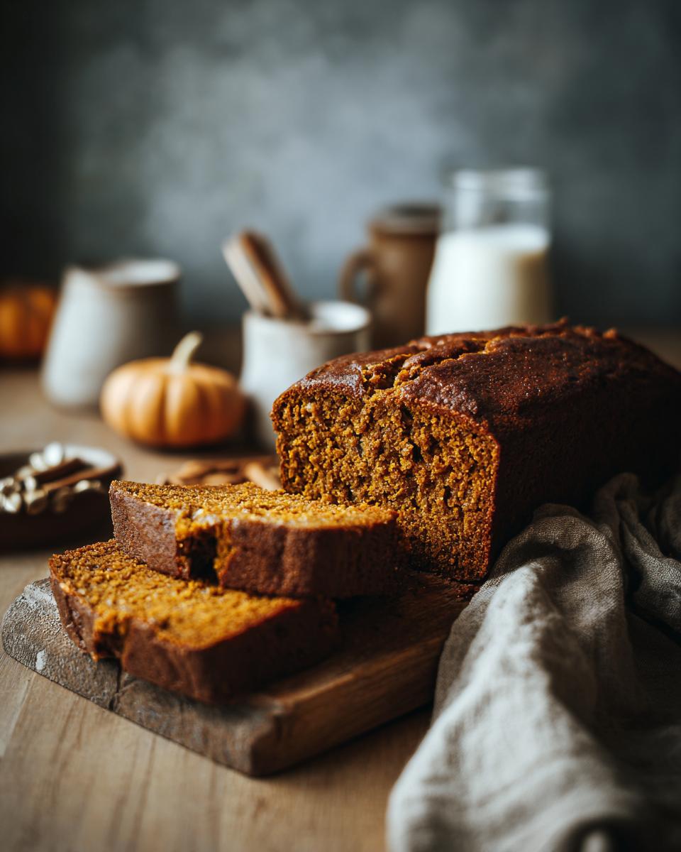 Close-up of a loaf of moist pumpkin bread, with two slices stacked on a wooden board.