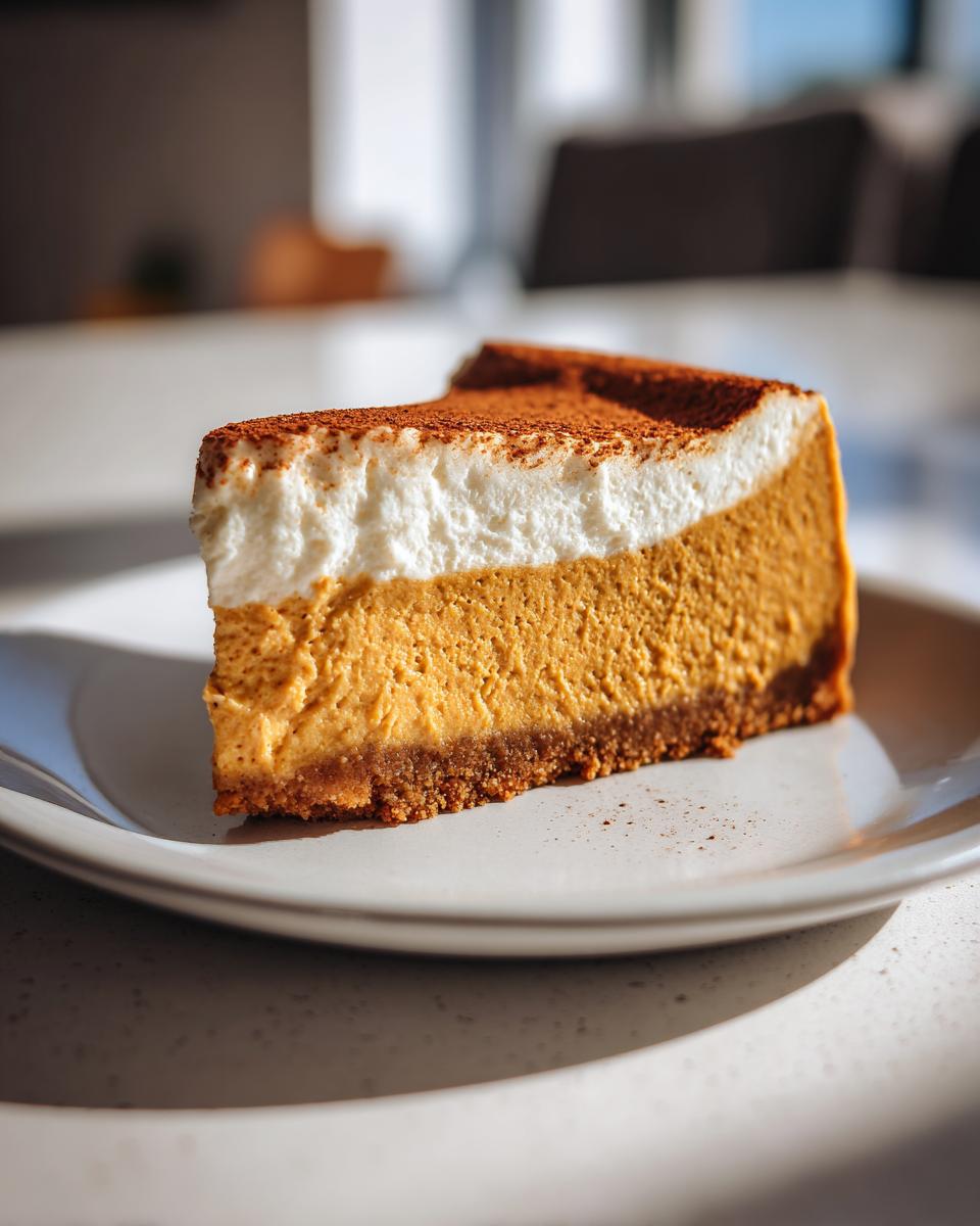 A perfect slice of luscious pumpkin cheesecake with a creamy white topping and dusted with cocoa powder.