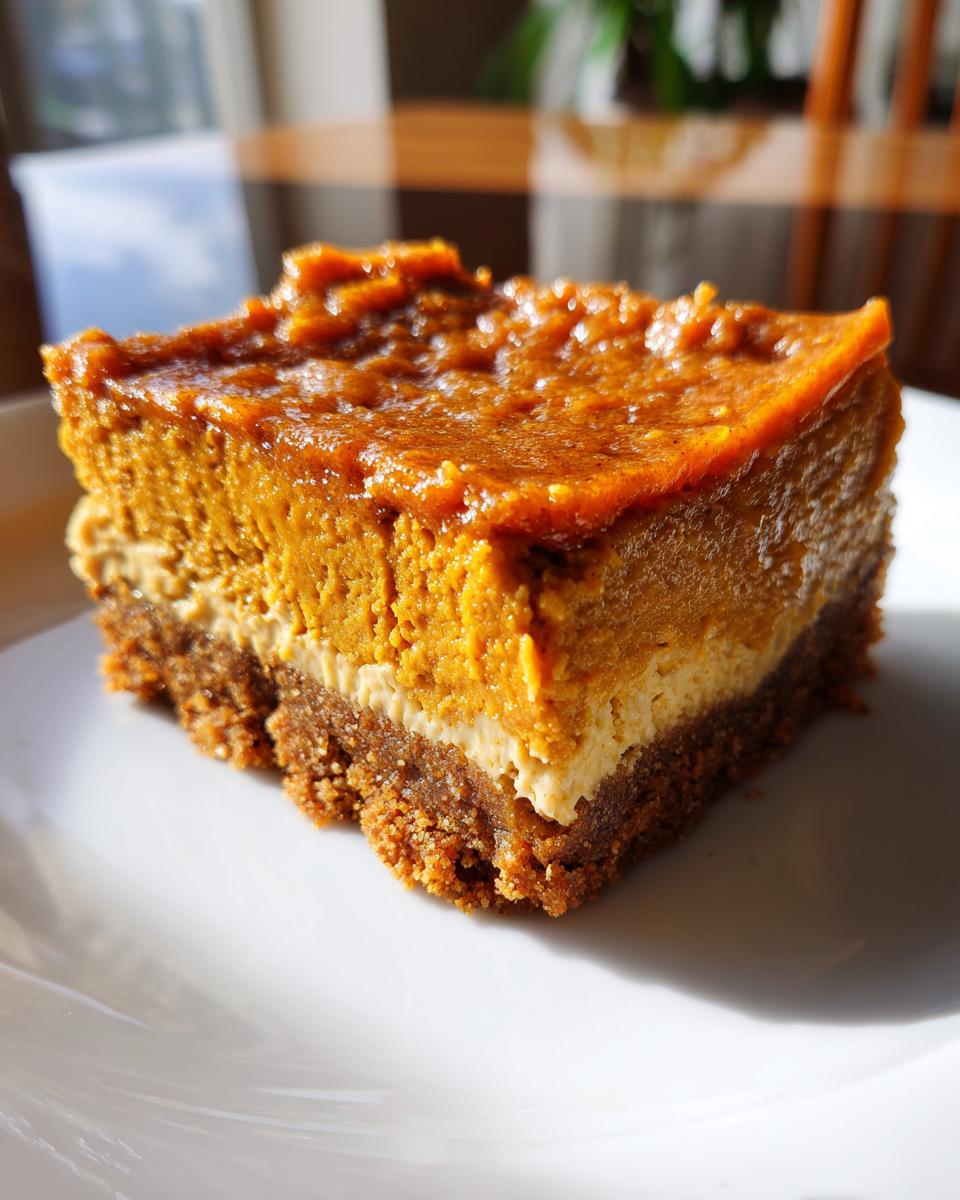 A close-up of a rich slice of Pumpkin Cheesecake with a graham cracker crust and creamy pumpkin filling.