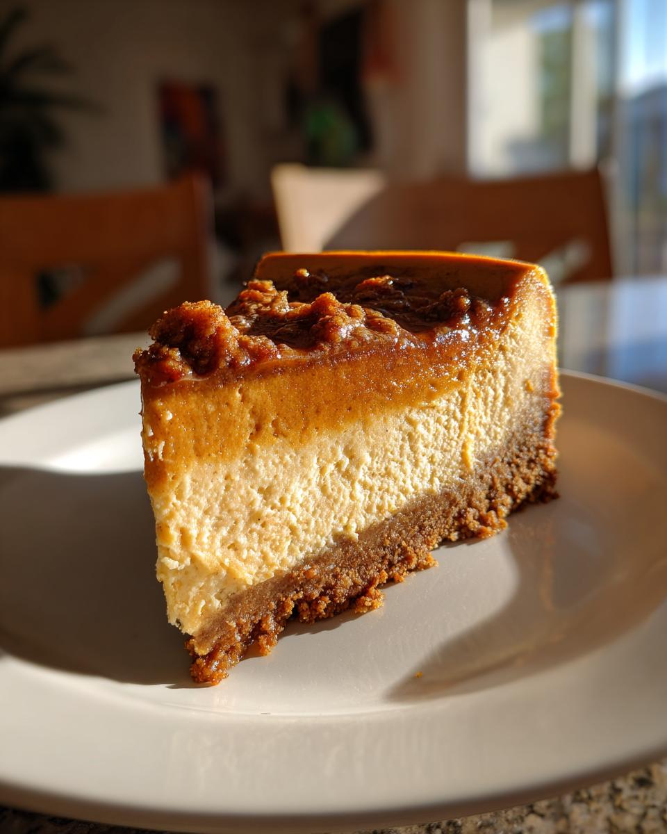 A perfect slice of luscious pumpkin cheesecake with a graham cracker crust and a crumb topping.