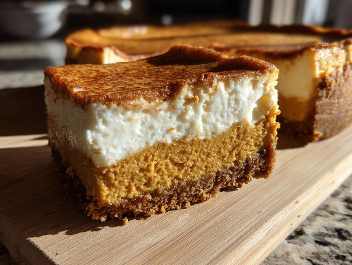 A close-up of a slice of pumpkin cheesecake with a creamy white topping and a graham cracker crust.