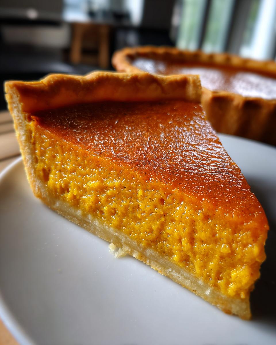 A close-up shot of a perfect pumpkin pie slice on a white plate, showcasing its creamy texture and golden crust.
