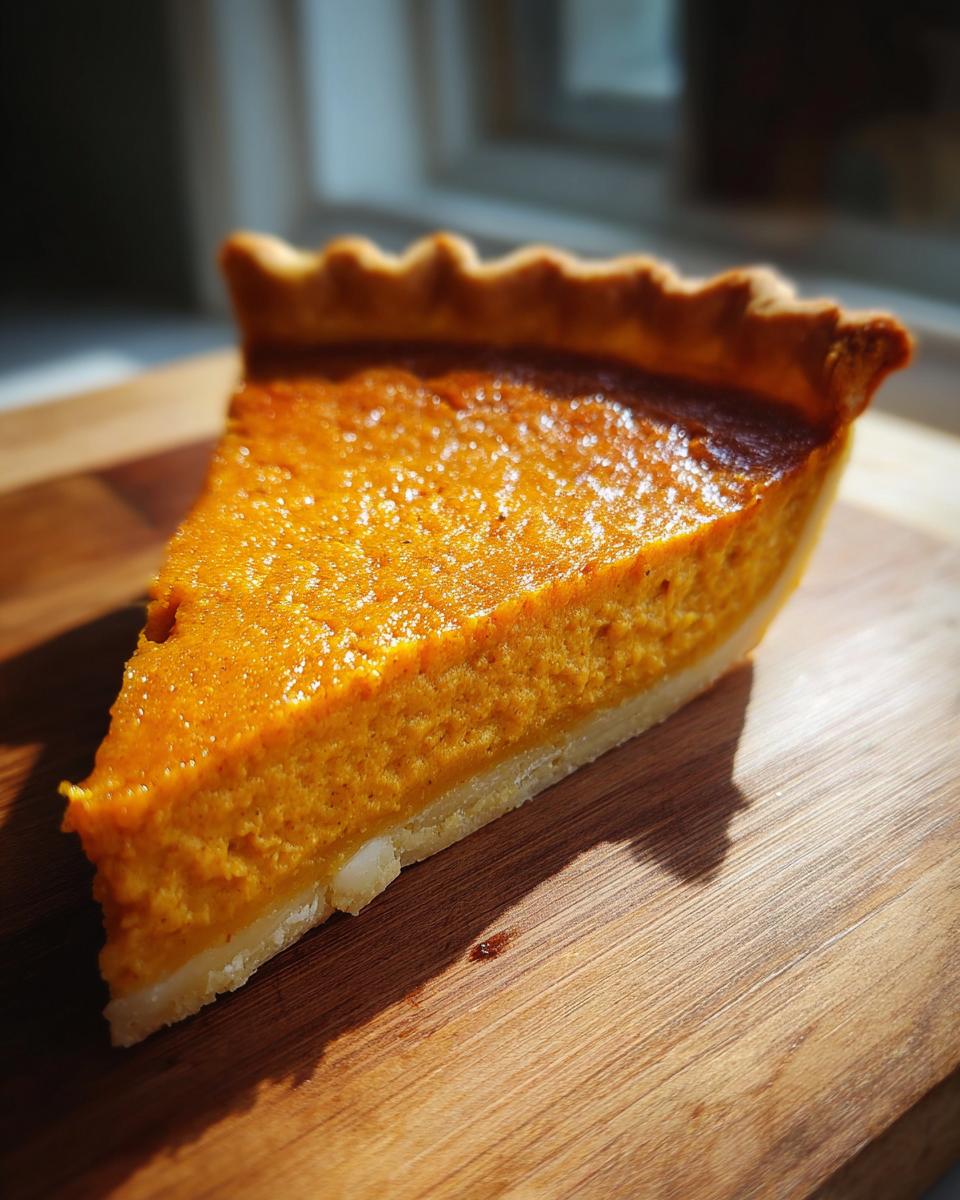A perfect slice of pumpkin pie with a golden crust sits on a wooden cutting board, bathed in sunlight.