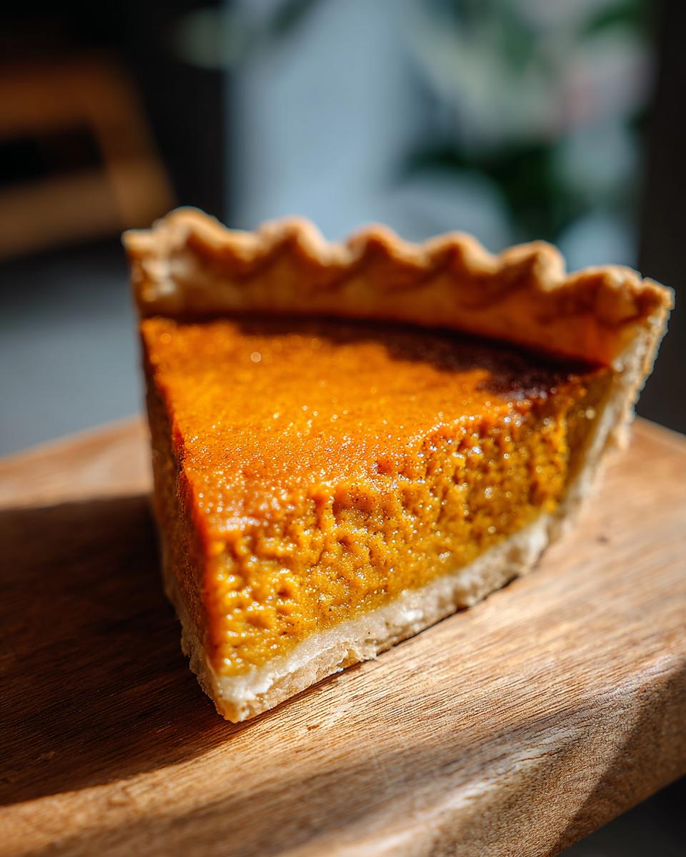 A close-up of a perfect pumpkin pie slice with a flaky crust on a rustic wooden board.