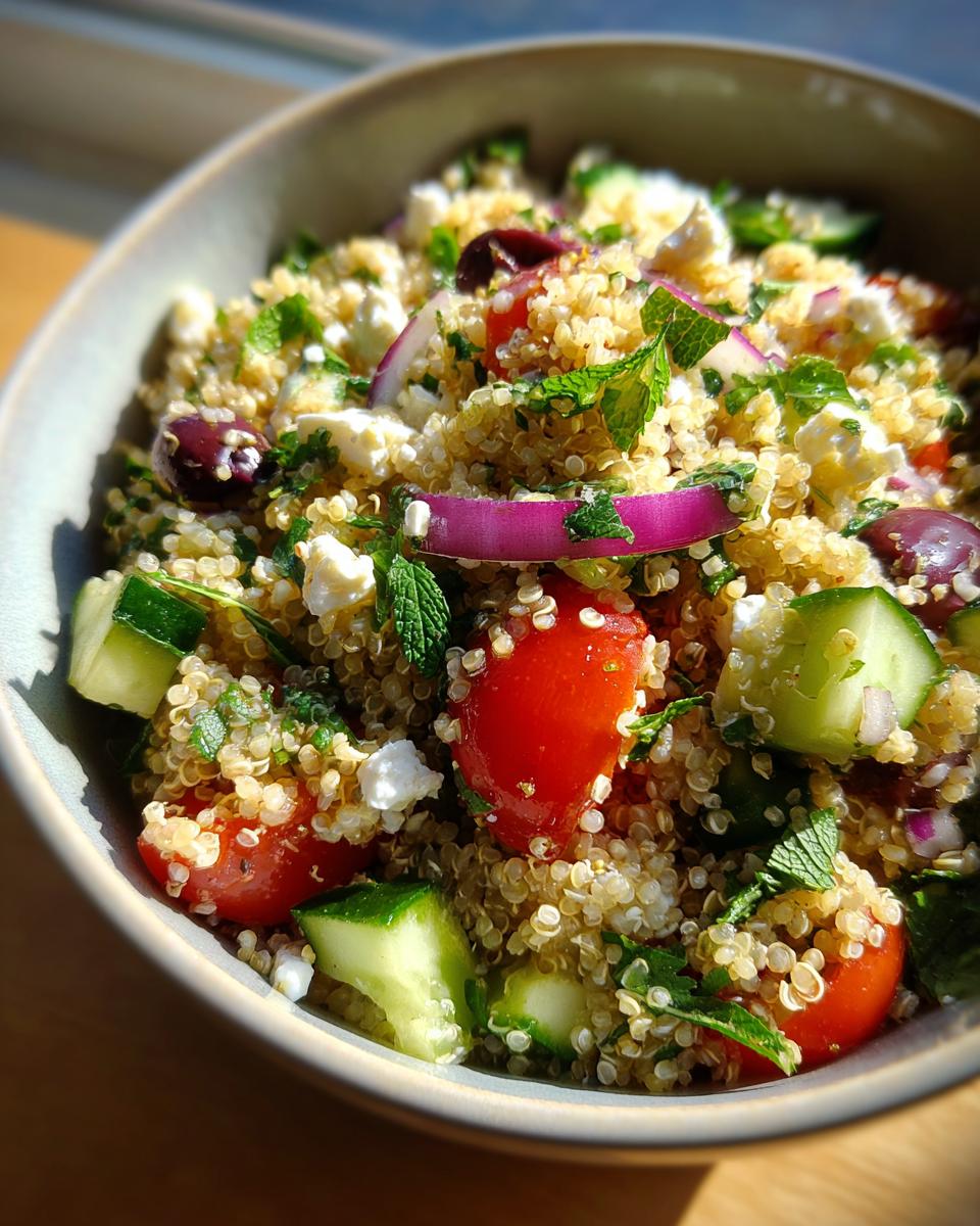 A close-up of a vibrant quinoa salad with cherry tomatoes, cucumber, red onion, olives, feta cheese, and mint.