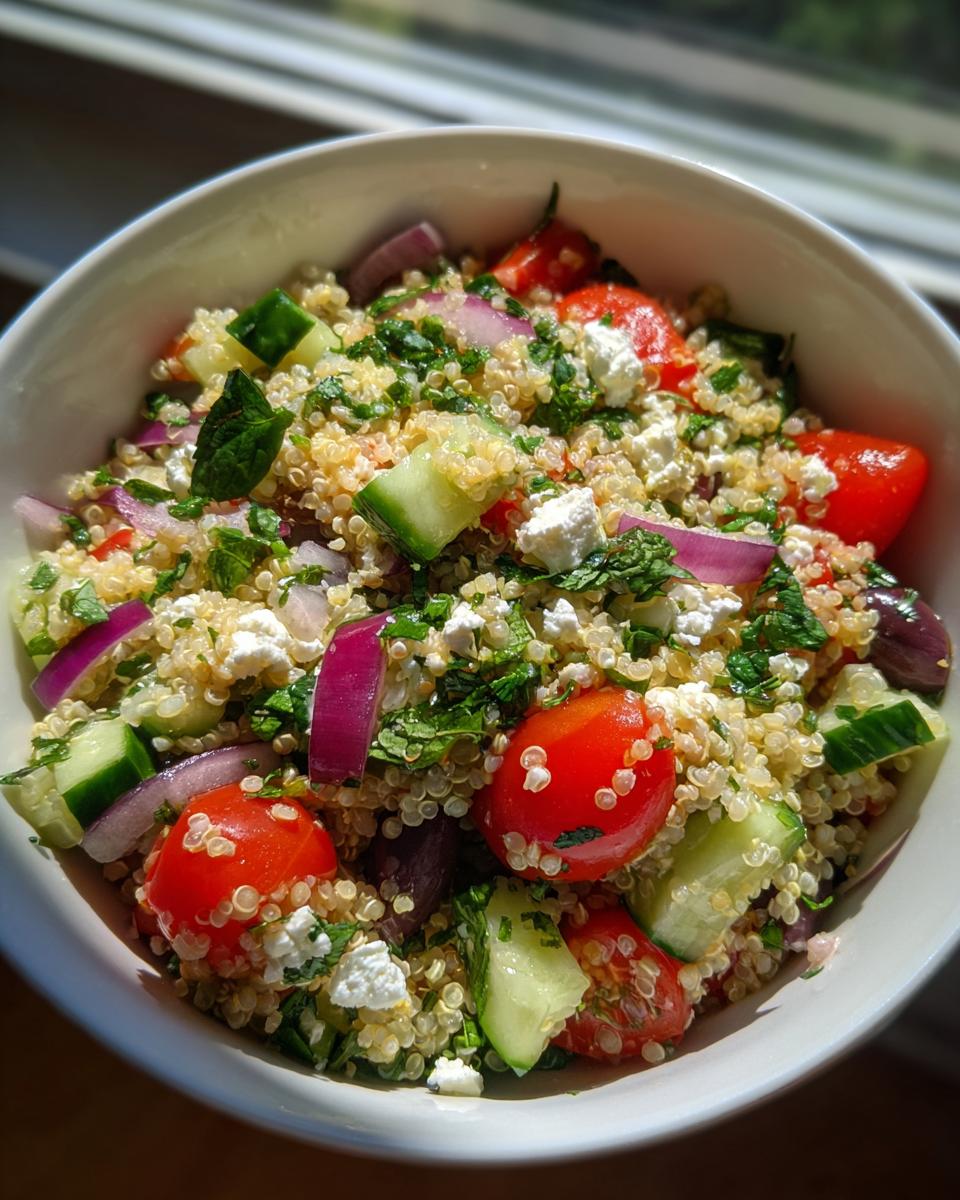 A close-up of a vibrant quinoa salad in a white bowl, featuring quinoa, cucumber, cherry tomatoes, red onion, olives, and feta cheese.