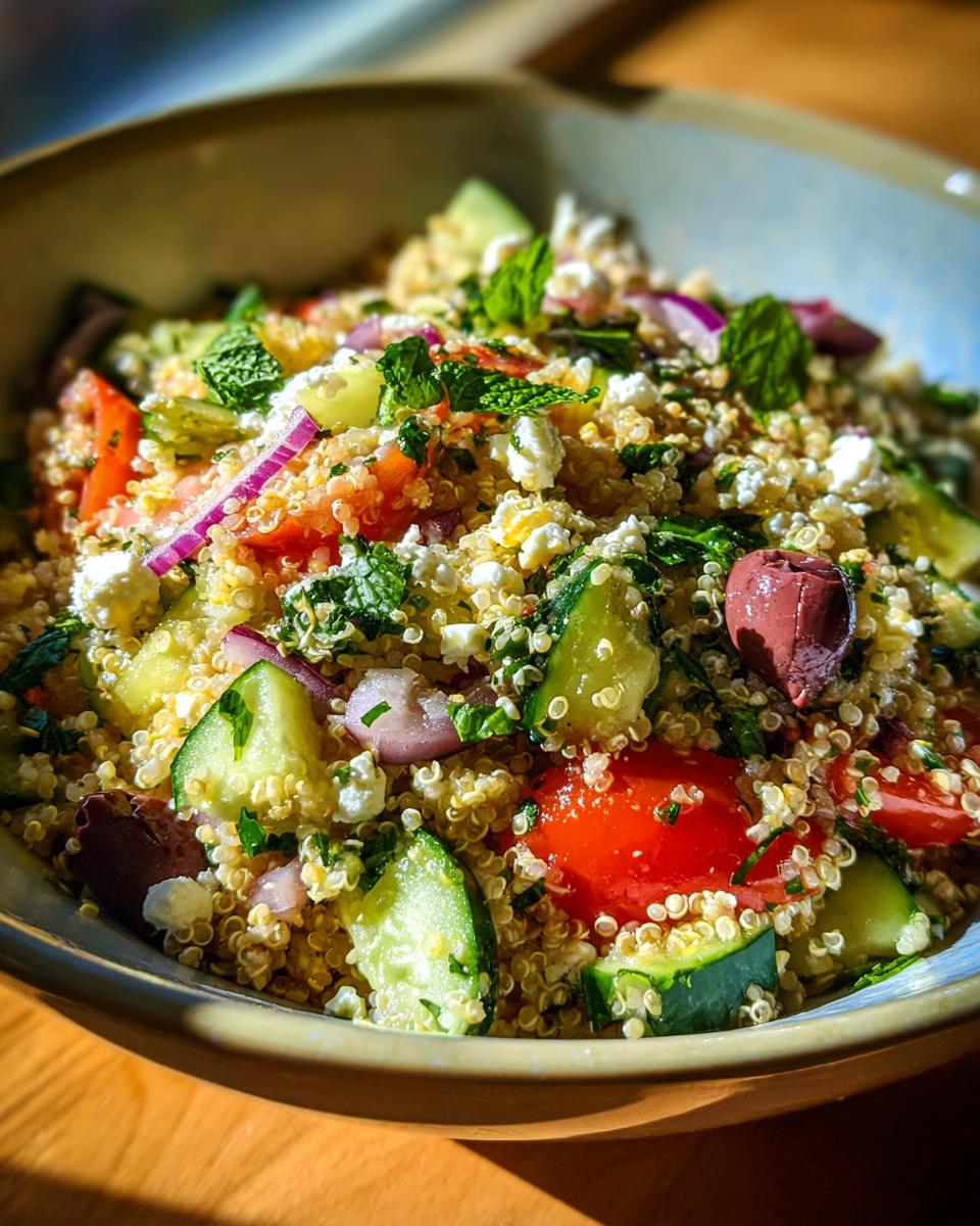 Close-up of a vibrant quinoa salad with chopped tomatoes, cucumbers, red onion, Kalamata olives, feta cheese, and fresh mint.
