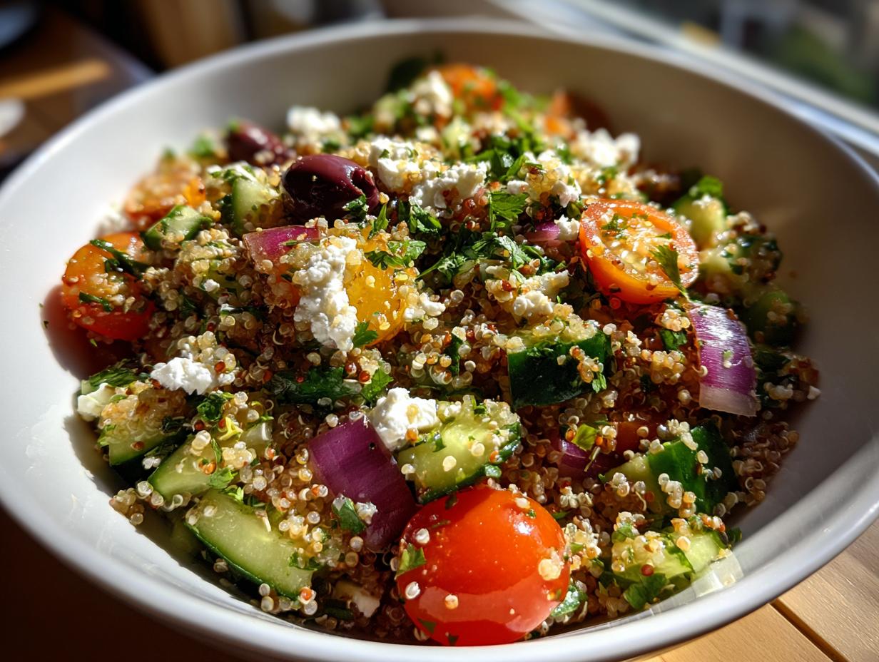 A vibrant bowl of quinoa salad featuring cherry tomatoes, cucumbers, red onion, olives, and feta cheese.