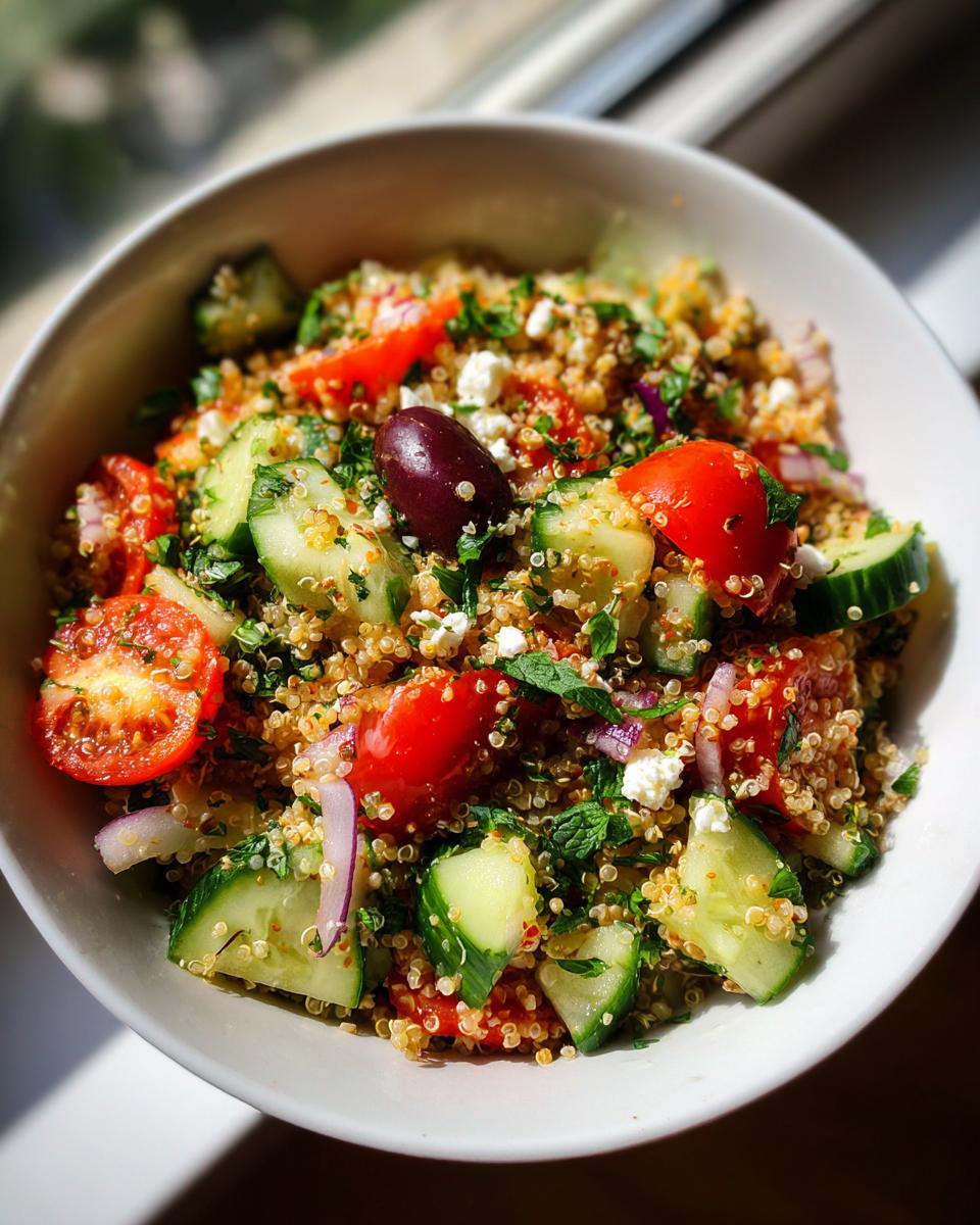 A vibrant bowl of quinoa salad filled with chopped cucumbers, cherry tomatoes, red onion, feta cheese, olives, and fresh herbs.