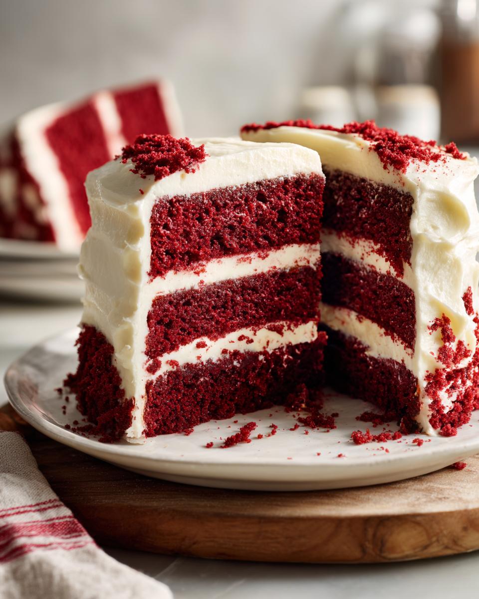 Close-up of a rich red velvet cake with creamy white frosting and red velvet crumbs.