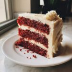 A decadent slice of red velvet cake with creamy white frosting, showcasing its rich red layers.