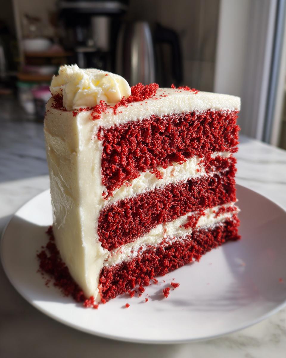 A perfect slice of red velvet cake with creamy white frosting and red velvet crumbs.
