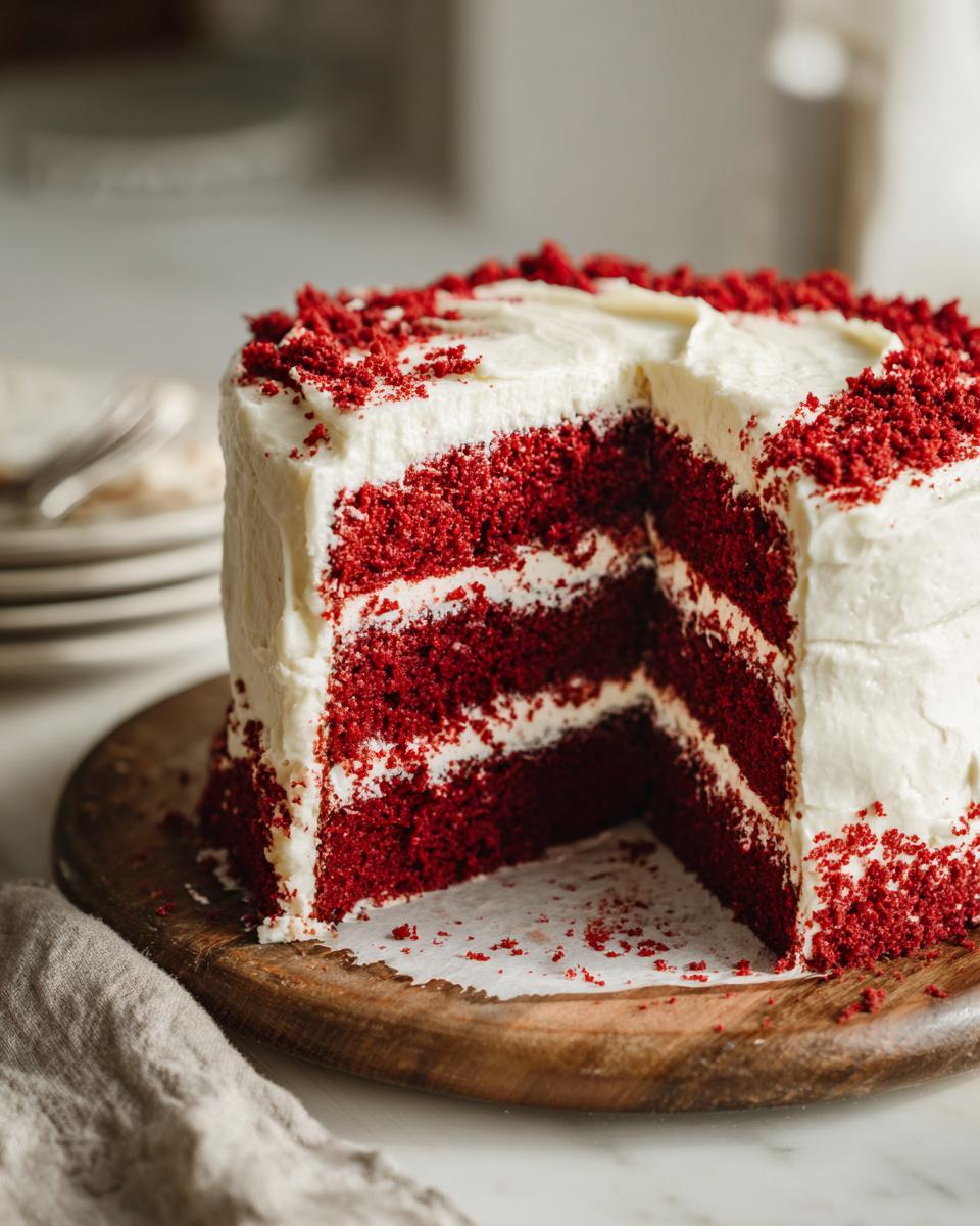 A slice cut from a decadent Red Velvet Cake, revealing layers of rich red cake and creamy white frosting.