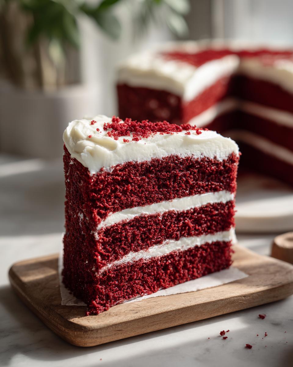 A close-up of a moist slice of red velvet cake with creamy white frosting and red velvet crumbs.
