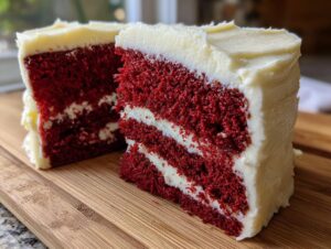 Two slices of moist Red Velvet Cake layered with creamy white frosting on a wooden board.
