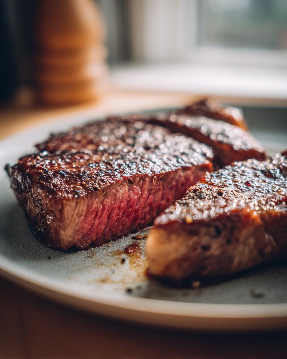 Close-up of juicy, perfectly cooked ribeye steak sliced on a plate, showcasing its red interior and seared crust.