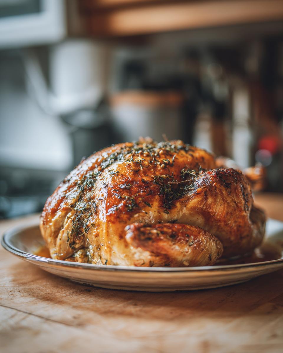 A beautifully golden brown roast turkey seasoned with herbs, served on a plate.