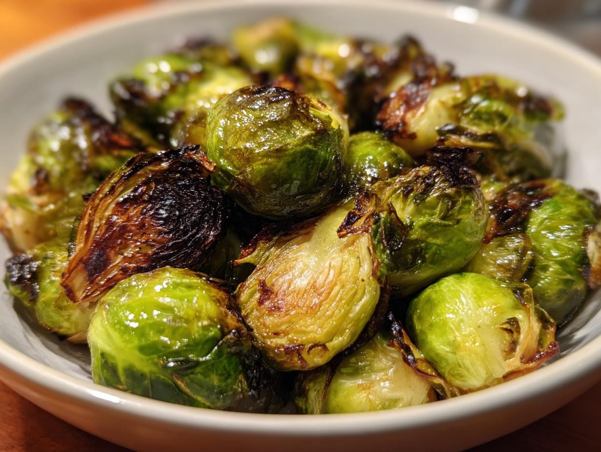 Close-up of a bowl filled with perfectly roasted Brussels sprouts, showing crispy edges and vibrant green leaves.