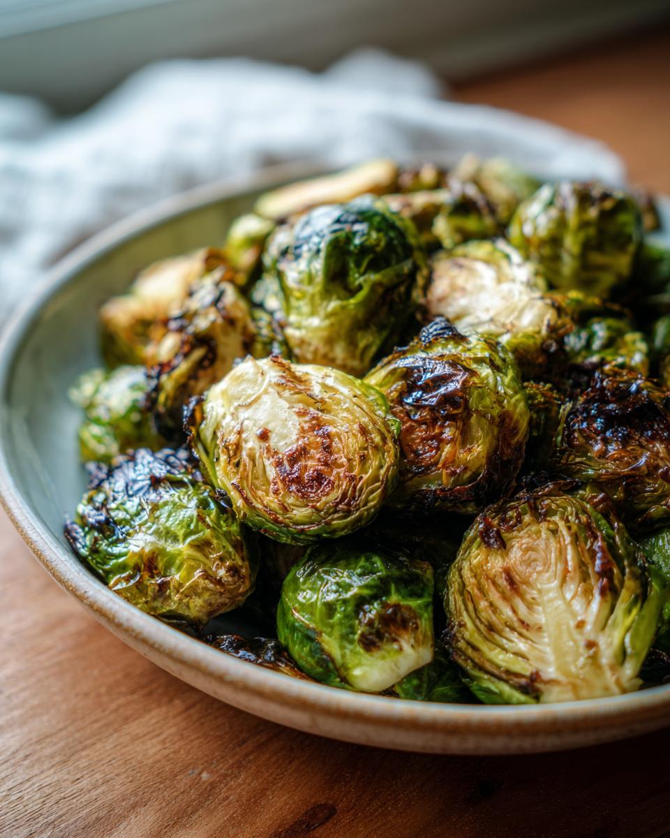A close-up shot of perfectly roasted Brussels sprouts in a bowl, showcasing their crispy edges and vibrant green color.