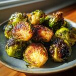Close-up of perfectly roasted Brussels sprouts, showing their crispy, caramelized edges and vibrant green centers.