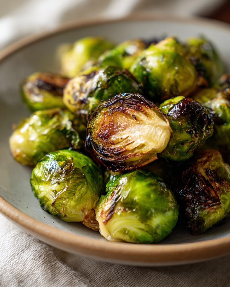 Close-up of perfectly roasted Brussels sprouts with crispy edges and vibrant green leaves.