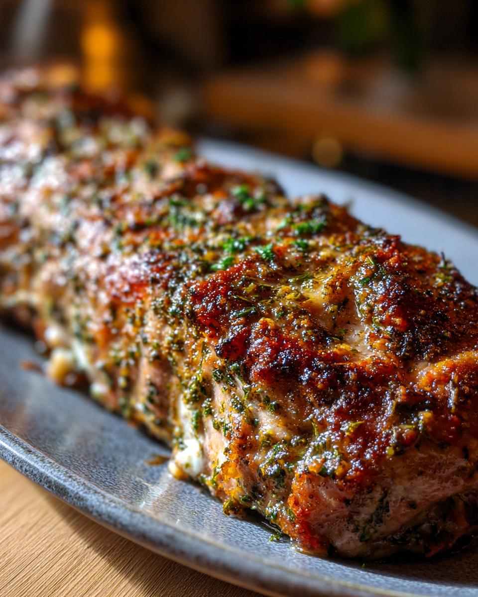 Close-up of a juicy, herb-crusted pork tenderloin roast on a gray platter.