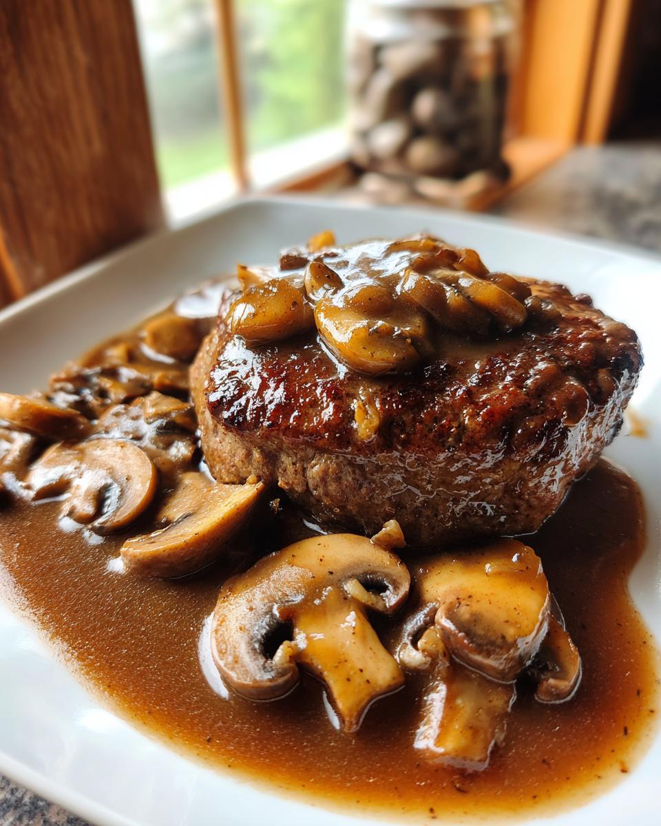 Close-up of a juicy Salisbury steak topped with rich mushroom gravy and served with sliced mushrooms.
