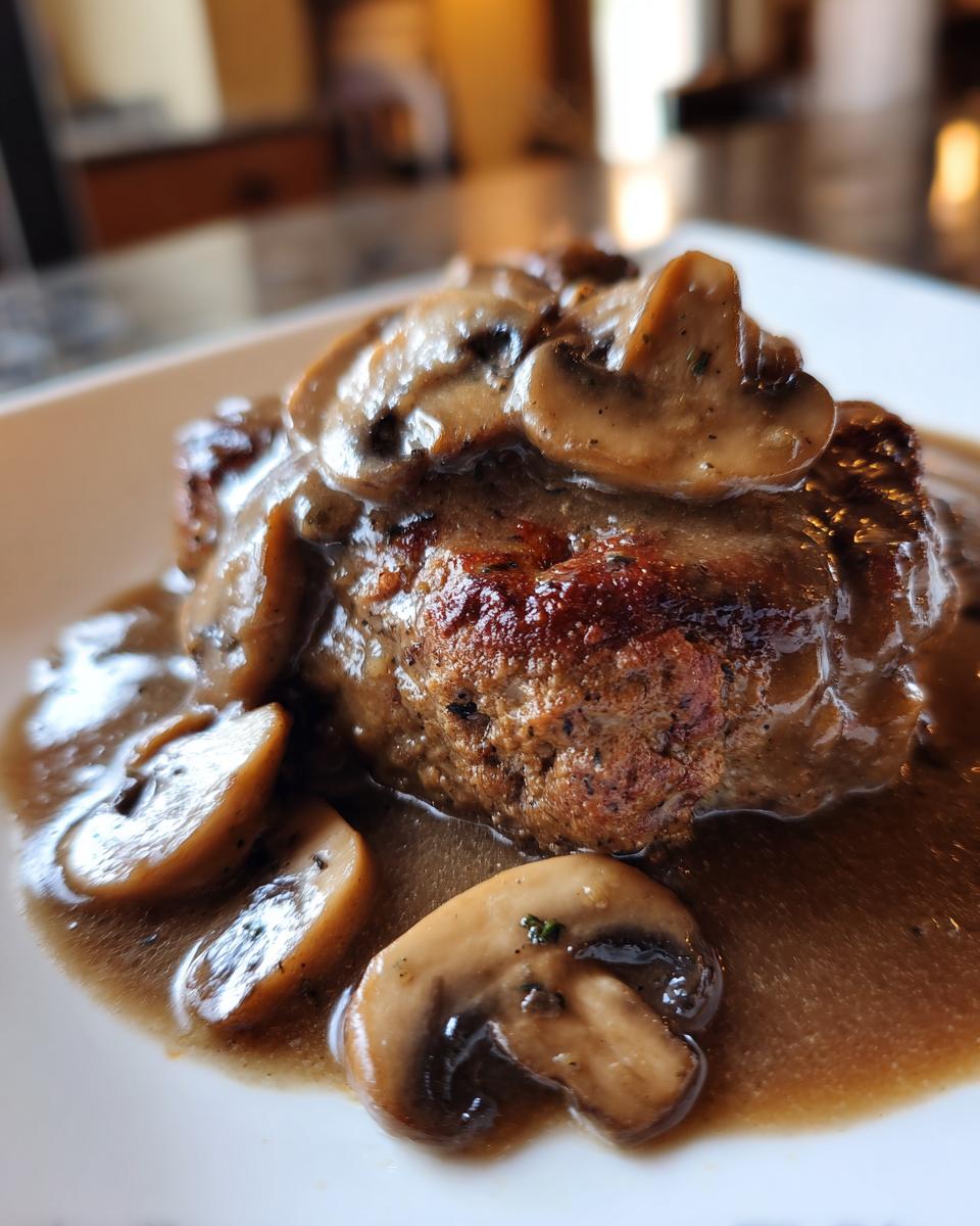 Close-up of a juicy Salisbury steak topped with rich mushroom gravy and sliced mushrooms.