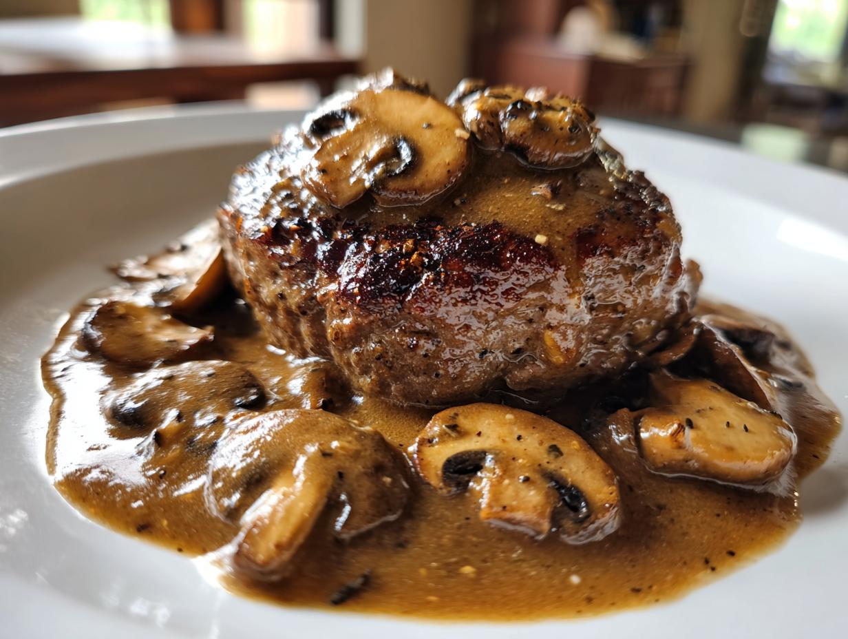 Close-up of a juicy Salisbury steak covered in rich mushroom gravy and sliced mushrooms.