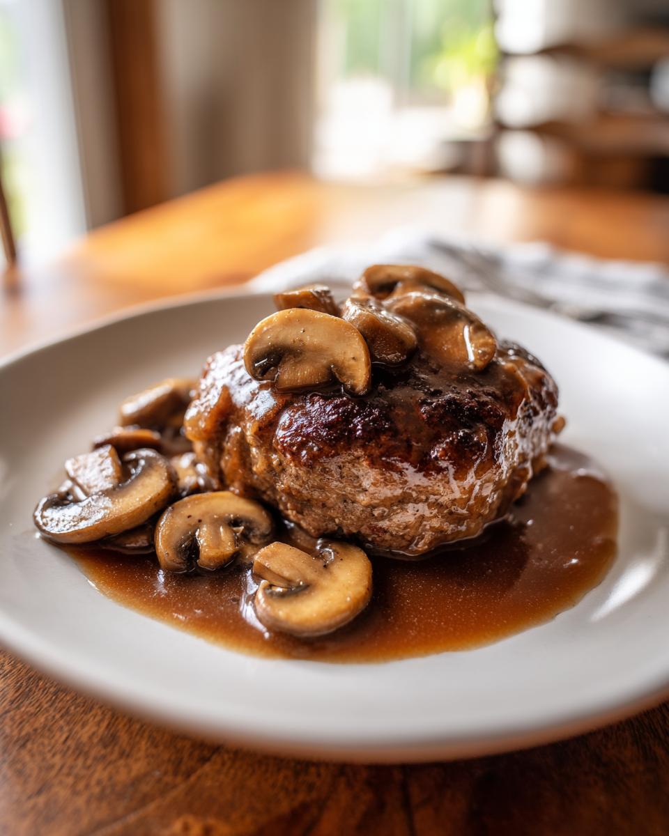 A close-up of a juicy Salisbury steak topped with sautéed mushrooms and rich brown gravy.