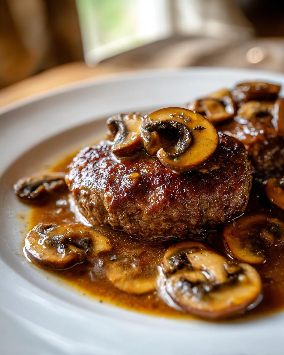 Close-up of a juicy Salisbury steak topped with sautéed mushrooms in a rich brown gravy.