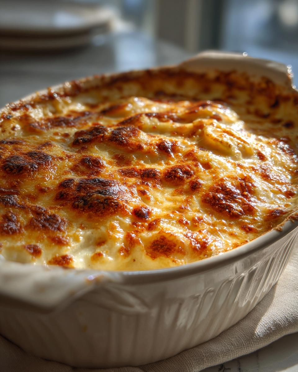 Close-up of a creamy, golden-brown baked scalloped potatoes dish in a white casserole dish.