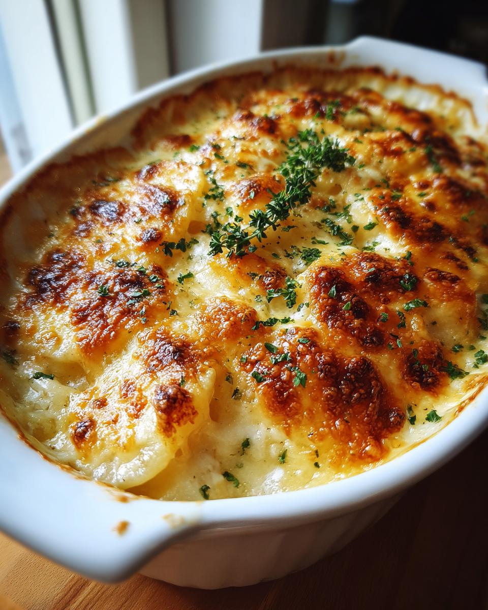 Close-up of golden brown, bubbly scalloped potatoes baked in a white dish, garnished with fresh herbs.