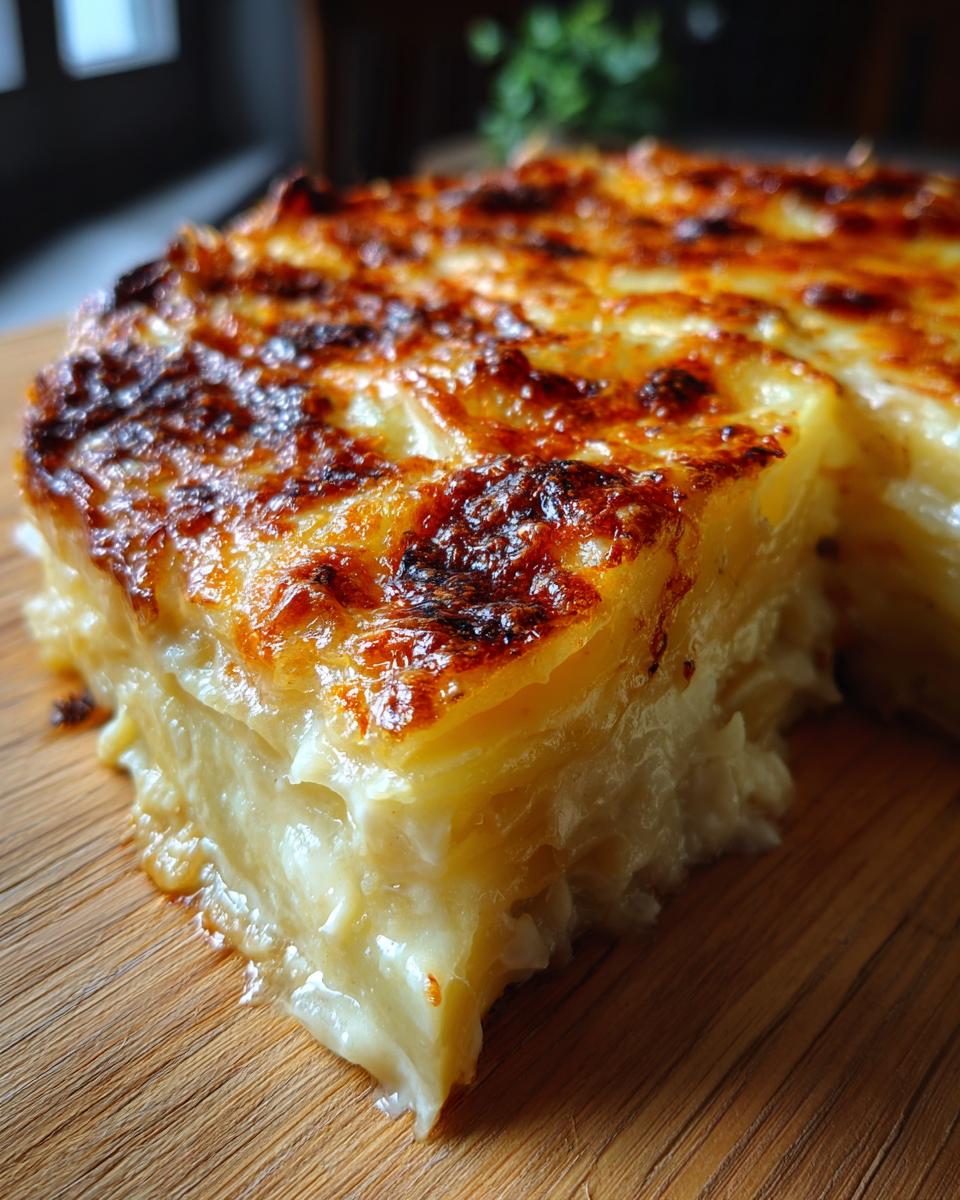 A close-up, angled view of a slice of decadent scalloped potatoes with a golden-brown, crispy top.